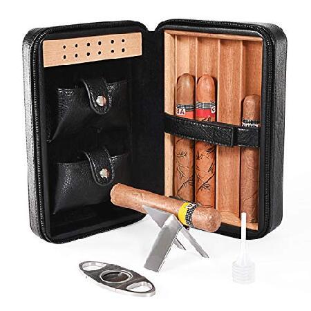 Cigar Humidor, Cigar Case, Cedar Wood Travel Portable Leather Cigar Humidor with Humidifier並行輸入