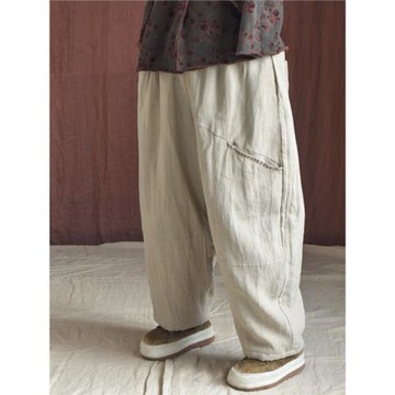 原創設計復古亞麻女式蘿卜褲棉褲寬松棉麻燈籠長褲女冬夾棉保暖褲