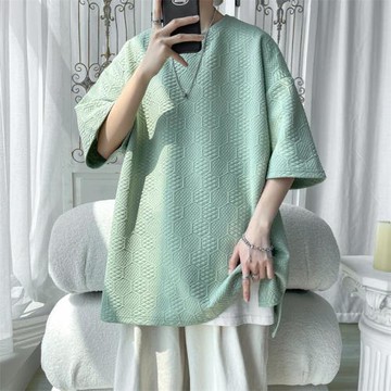 牛油果綠t恤男短袖夏季潮牌美式高街體恤oversize五分袖提花上衣