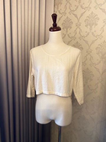 棉麻織方格短版半袖上衣