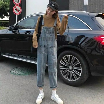 牛仔背帶褲女春秋新款韓版女裝網美學生寬鬆顯瘦連體九分吊帶褲女【雲木雜貨】