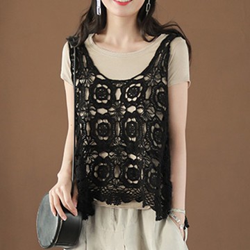 無袖背心蕾絲罩衫-寬鬆鏤空勾花圓領女裝2色74ab29【獨家進口】【米蘭精品】