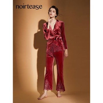 NoirTease【美拉德風】春秋薄款女絲絨蕾絲家居服睡衣兩件套裝