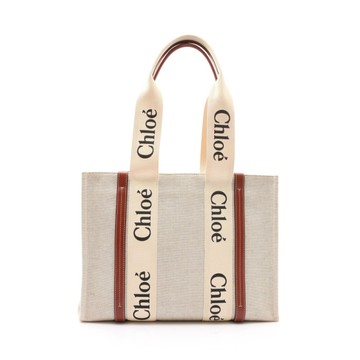 Chloe 克羅伊 米白/棕色 帆布 Woody Medium 托特包 肩背包 CHC21US383E6690U 【二手名牌BRAND OFF】