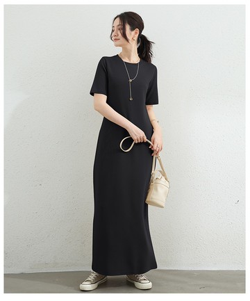 Yukié - 百搭圓領修身長洋裝-短袖款-黑色