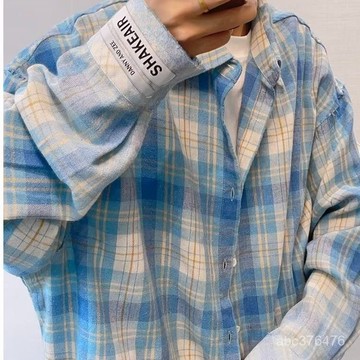 春季復古百搭水藍色做舊毛邊漸變薄款印花男女格子長袖襯衫