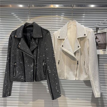 網紅同款2025秋季新款走秀款辣妹滿鉆燙鉆斜拉鏈重工短外套夾克女