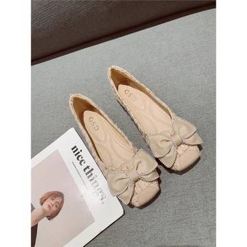 甜美水鉆裝飾蝴蝶結舒適軟底豆豆鞋女2025年新款淺口方頭平底單鞋