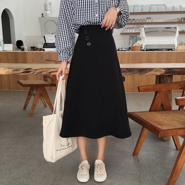 黑色半身裙女秋季新款韓國復古高腰中長裙百搭寬松A字裙學生1入