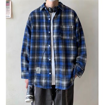 格子長袖襯衫男春秋新款潮牌日系寬松休閑襯衣高級感痞帥男士外套