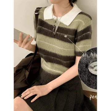 Codibook｜韓國 peachmode 寬鬆拼接條紋Polo領短袖針織衫［預購］短袖上衣 女裝