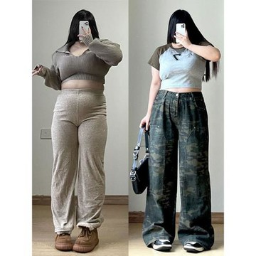 300斤大碼胖mm美式迷彩工裝牛仔褲女春季蘋果型身材顯瘦闊腿褲子