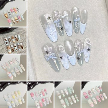 【台灣48H🎀買五減一】2026新款夏日半手工穿戴甲 手繪小清新美甲蝴蝶結貓眼 ins法式高級顯白氛圍指甲貼片美甲