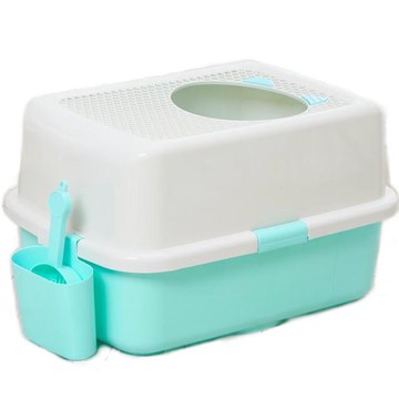 【台灣現貨 免運】上開口式貓砂盆(湖水藍) 上開式出入口 腳爪貓砂 輕鬆掉回盆中 附專用可掛式貓砂鏟