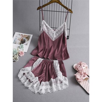 性感睡衣女夏款冰絲綢吊帶短褲套裝蕾絲花邊薄款可愛家居服可外穿