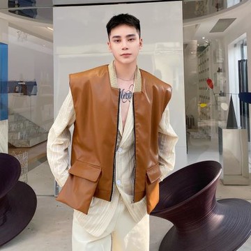 韓國東大門潮牌皮馬甲男棒球領外套潮流墊肩百搭時髦韓版坎肩馬夾