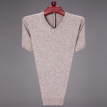 鄂爾多斯市男羊毛衫春秋季針織短袖t恤V領半袖純色薄款打底體恤衫