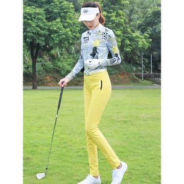 春秋季ZG6高爾夫女士服裝球服女裝時尚花長袖立領上衣黃色長褲子