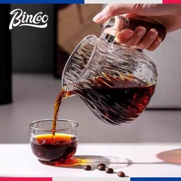Bincoo手沖美式套裝壺杯豎紋手沖咖啡品鑒木柄玻璃透明咖啡分享壺