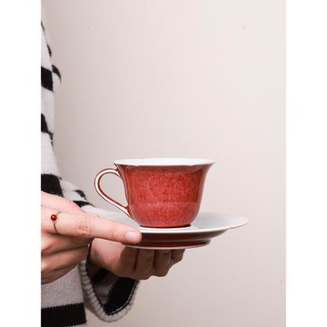 沐茗窯復古豇豆紅釉高端咖啡杯碟套裝景德鎮純手工中式家用陶瓷杯