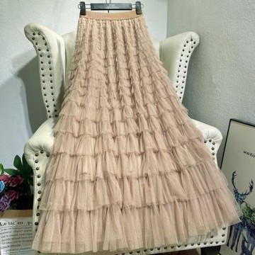 2024春款多層網紗拼接蛋糕半身裙高腰顯瘦a字褶皺蓬蓬大擺長裙女