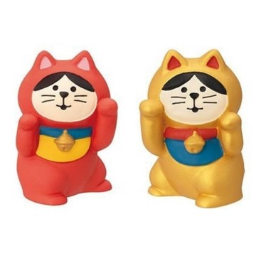 日本 Decole - 舉手的跳舞開運招財貓(2個一組)-幸福財運-紅+金