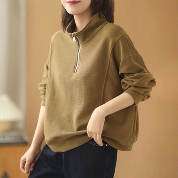 日韓品牌商場專柜外貿女裝休閑寬松顯瘦華夫格拉鏈立領衛衣女上衣