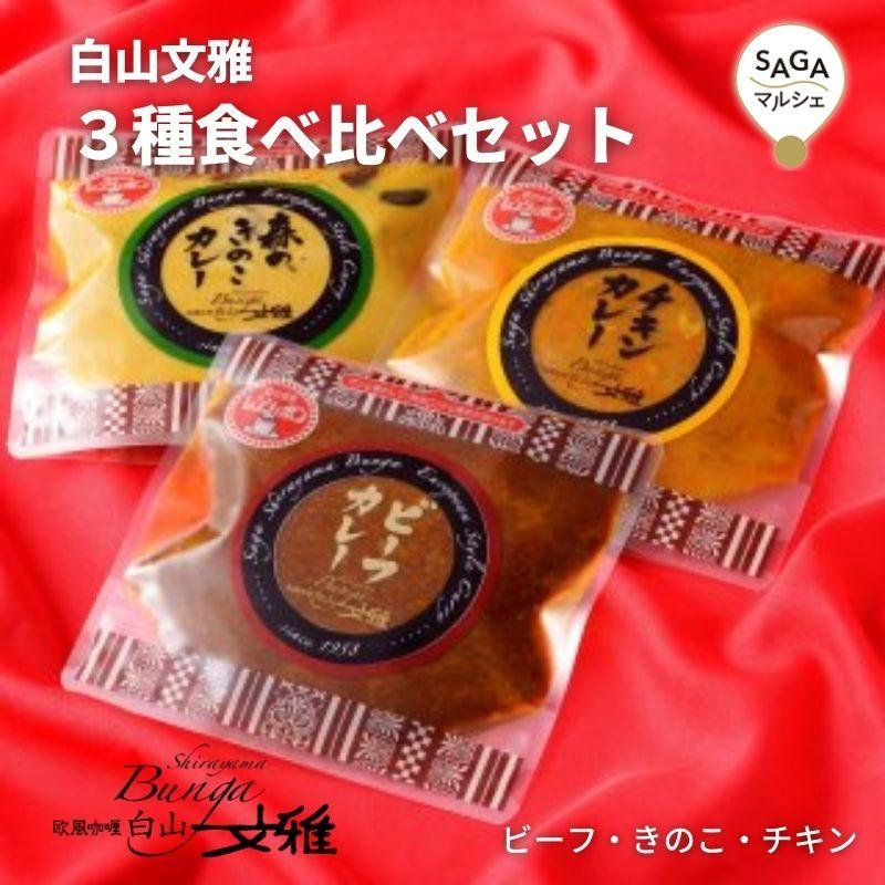 白山文雅 3種食べ比べセット 各200g×3種 レトルト ビーフ きのこ チキン 贈答用 ギフト 冷凍 食品 佐賀 有名店 老舗 カレー専門店 贅沢 本格カレー