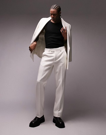 Topman Premium Limited Edition straight leg teddy wool mix suit trousers in white
