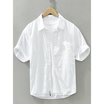 2025夏季新款日系潮流純棉短袖襯衫時尚拼接白色襯衣簡約休閑上衣
