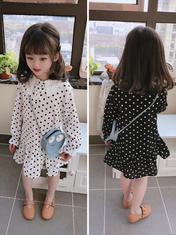 春秋季新款 中小童俏皮可愛鏤空翻領公主裙 女童小圓點連衣裙1入