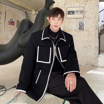 春秋款小眾設計感撞色拼皮痞帥夾克男雙頭拉鏈外套休閑韓版發型師