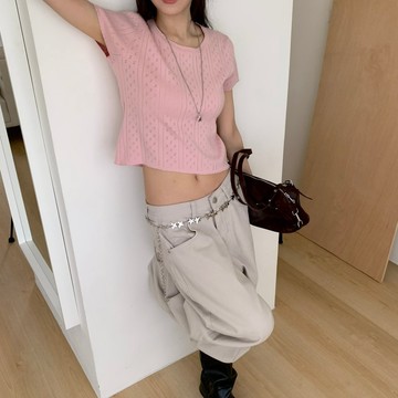ISA_波浪記號 初戀感緹花鏤空針織短上衣_64040