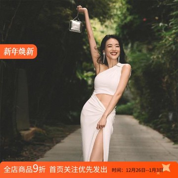舒淇同款斜肩露腰性感氣質連衣裙女冬高腰開叉顯瘦設計感白色長裙