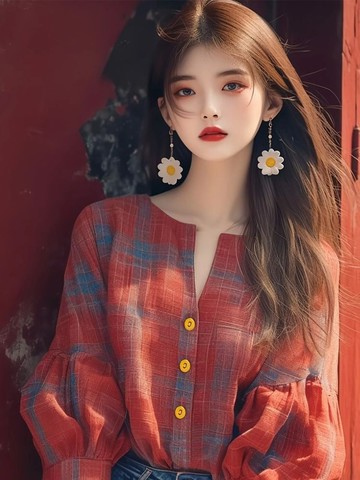 秋天女裝 韓系 國風设计感 大小姐名媛高級感穿搭 时髦撞色红色灯笼袖格子長袖上衣女