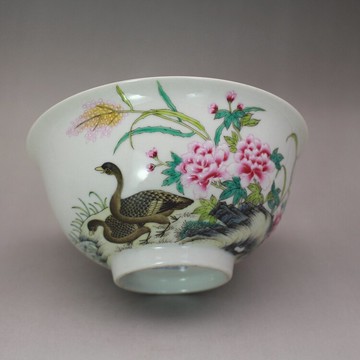 精品古玩收藏清雍正粉彩手繪蘆雁花鳥紋碗古董陶瓷器仿古老貨擺件
