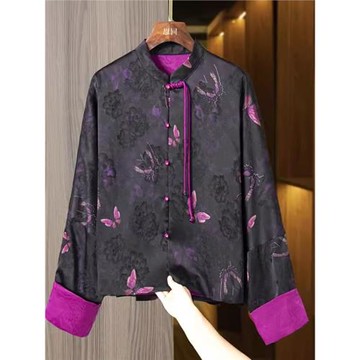 新中式輕國風外套女2025新款爆款復古提花立領盤扣上衣蝙蝠袖開衫