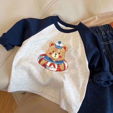 【萌趣可愛】兒童純棉春秋男女童長袖T恤卡通新款寶寶中小童休閒上衣圓領打底t 兒童撞色春秋長袖T恤 純棉卡通打底衫
