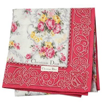 Christian DIOR 法式浪漫桃紅邊玫瑰花卉印花圖騰字母LOGO帕領巾(54CM)