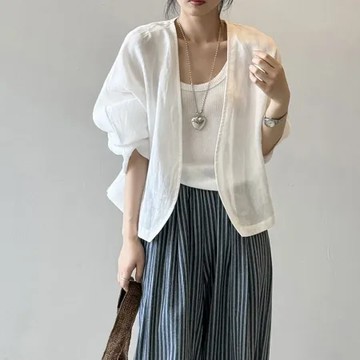 白M 【nata】質感麻寬鬆開衫外套（共二色）M-L（現貨+預購）