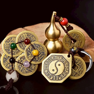 純銅五帝錢鑰匙扣編織繩紅繩掛件真品葫蘆銅錢陰陽八卦隨身攜帶