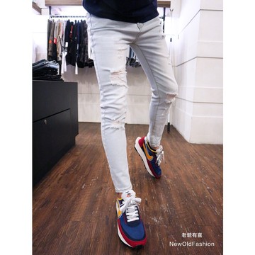 E7th.厚磅淺刷白貓鬚小直筒 淺刷白 錐型褲 彈性修身 顯瘦窄管 貓鬚補丁破壞  淺藍 水泥灰 淺灰白 牛仔褲