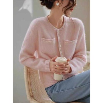 正品哥家新款春季小香風粉色針織衫女有口袋毛衣外套甜美上衣女