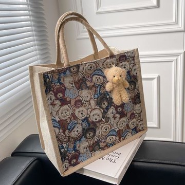 亞麻大容量包包女2025新款網紅卡通單肩托特包大學生上課手提袋潮