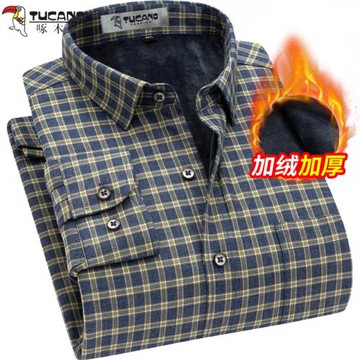 啄木鳥純棉冬季保暖襯衫男長袖加絨加厚商務休閑中年全棉格子襯衣