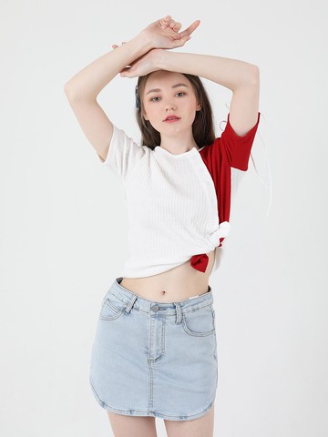 Slit Ribbon Half Sleeve T shirt (Red)