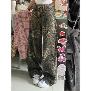 300斤大碼女裝豹紋直筒牛仔褲女秋季美式高街褲子胖mm顯瘦闊腿褲