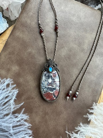 N750 民族風蠟線編織  月亮石  水草瑪瑙 銀珠 項鍊 (可調長度)