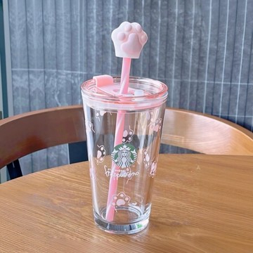 星巴克杯子2026新年禮物杯子清倉特價優惠簡約高顏值可愛粉色貓爪雙飲口玻璃吸管杯