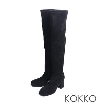 KOKKO激瘦時髦彈力麂皮過膝粗跟長靴黑色